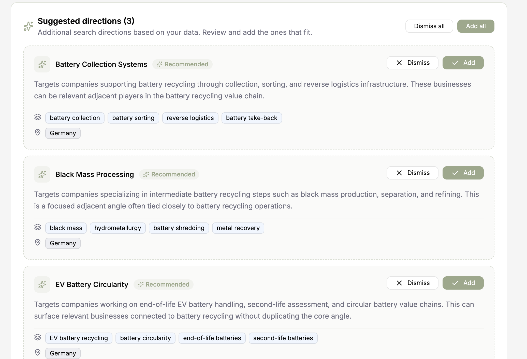 Search directions selected for a scouting project