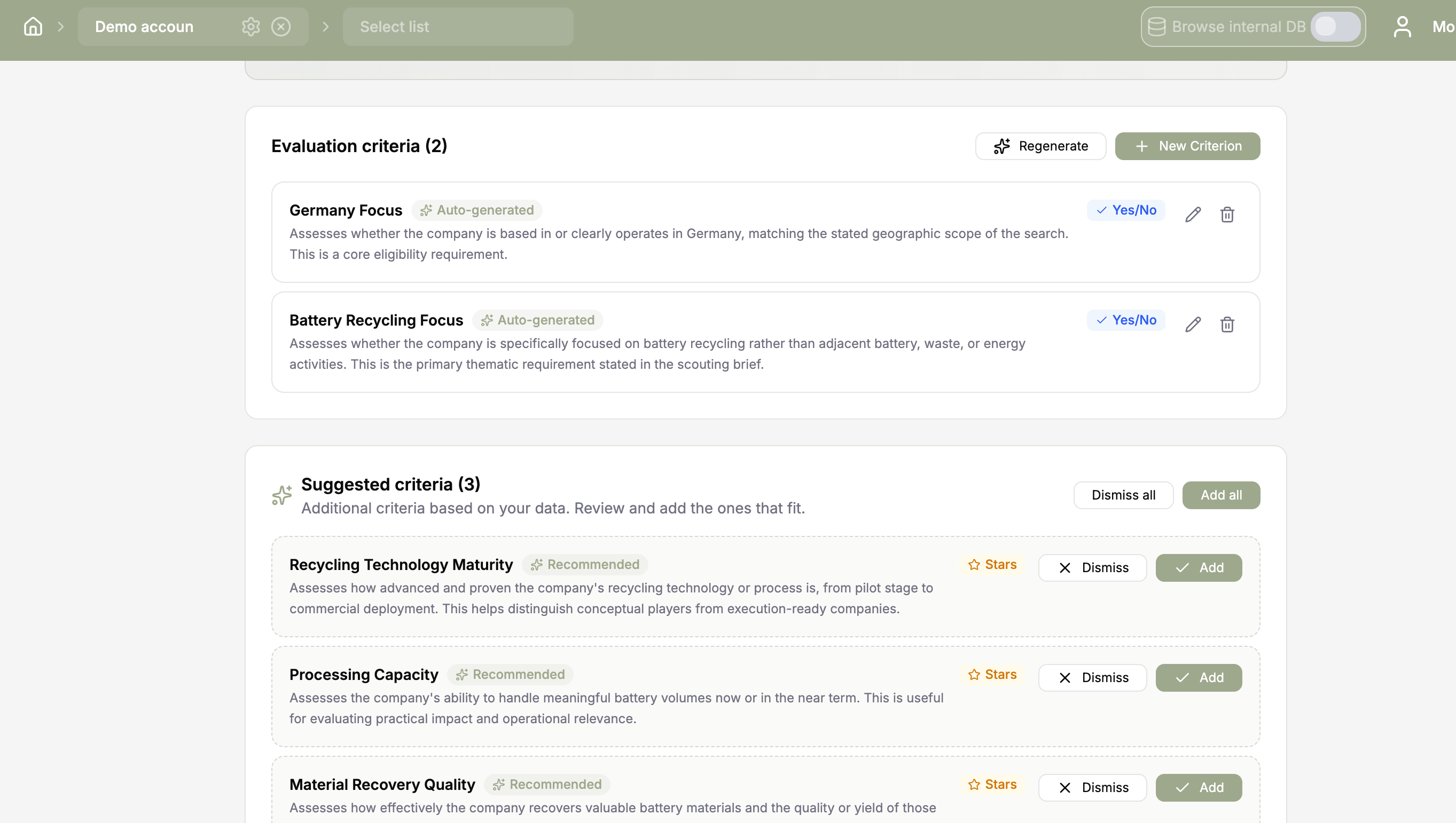 Acceptance criteria definition screen