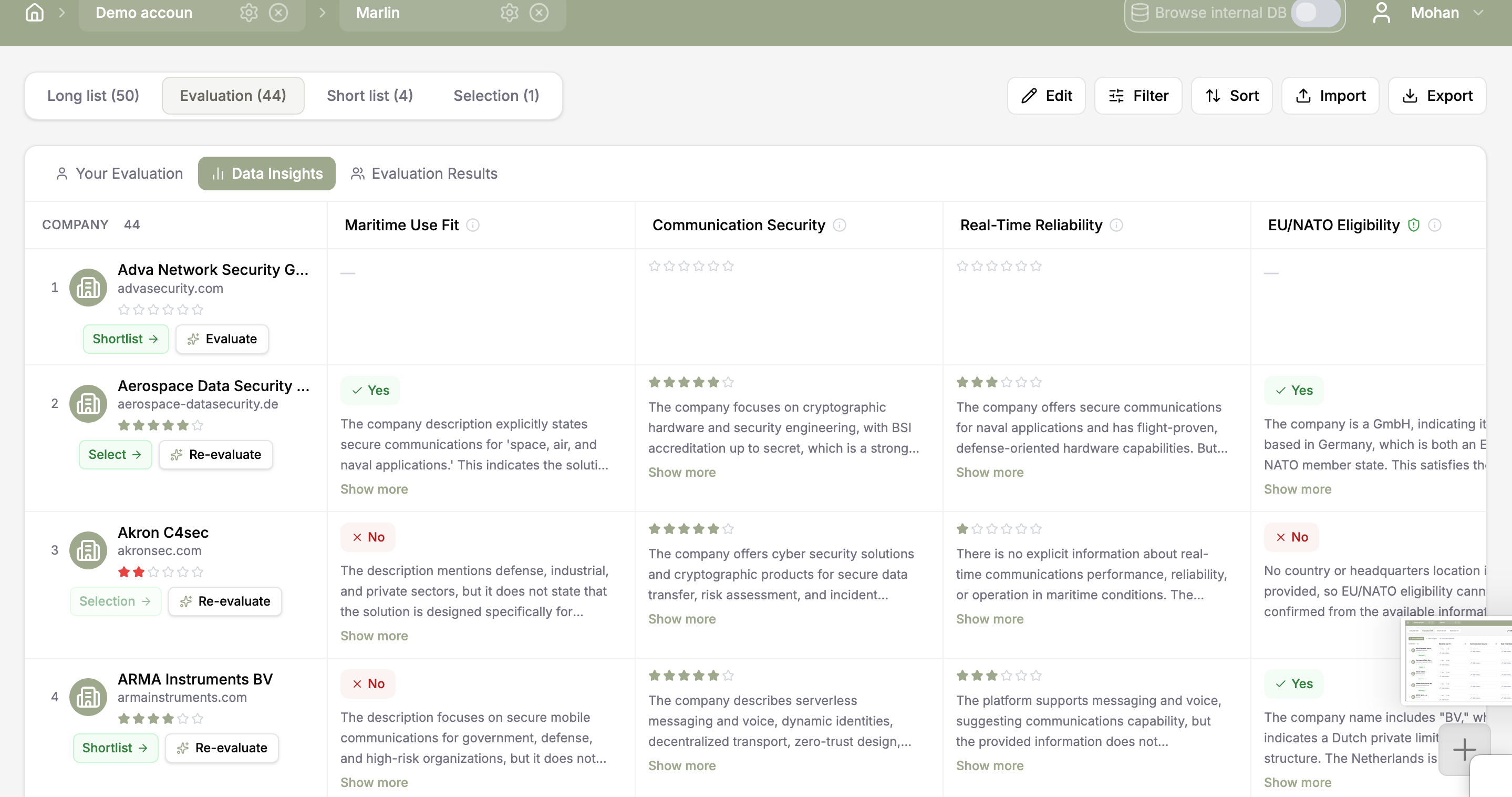 AI data insights compared across evaluation criteria
